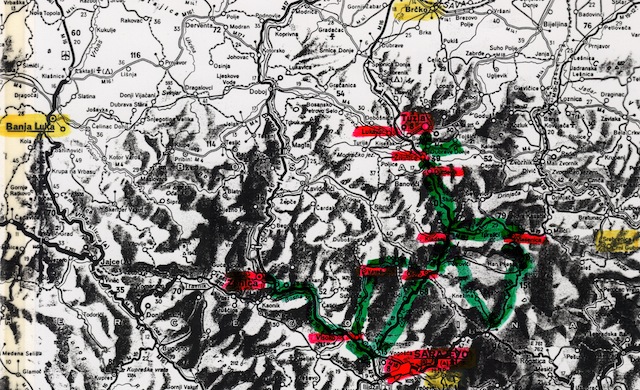 Map of central Bosnia, with our routes (green) and commonly visited towns (red), and other important locations (yellow).