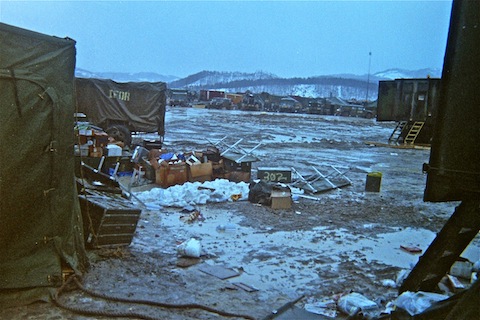 Muddy aftermath of a Bora (a 100mph windstorm) at 47th FSB near Ðurðevik.