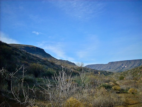 About to turn east up Skunk Trail #246. Left to right: Skunk Ridge, Skull Mesa and New River Mesa.