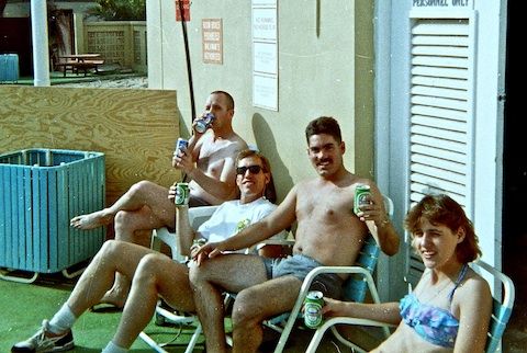 McMurry drinking two-fisted, Len Beekman, Matt Fellnger and Julie Lambrecht.