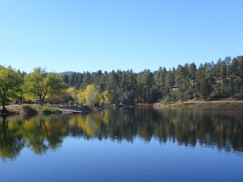 Looking across Lynx Lake at the Corvette scene's location: The long range camera was on the left, the actors' on the right.