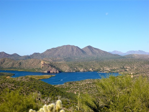 Looking west across Saguaro Lake, towards Stewart Mountain. Badger Flat middle left; Butcher Jones Recreation Site middle right.