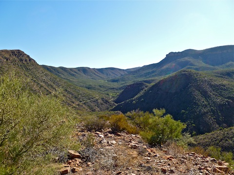 Looking down into The Basin. Zapata Mountain, upper right.