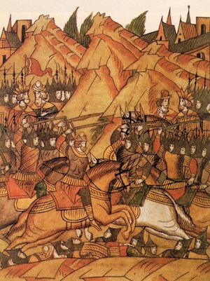 An illustration from a 16th-Century Russian chronicle of the opening rounds of the battle.