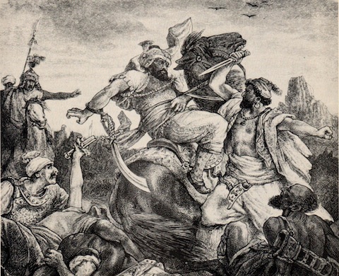 A fanciful interpretation of Milos Obelic's attack on Murad, by Konrad Ermisch. In actuality, Milos had admitted to Murad's tent as a traitor offering information; Milos then stabbed the 70-year old sultan and one of his advisors, Ali Pasha, before being cut down.