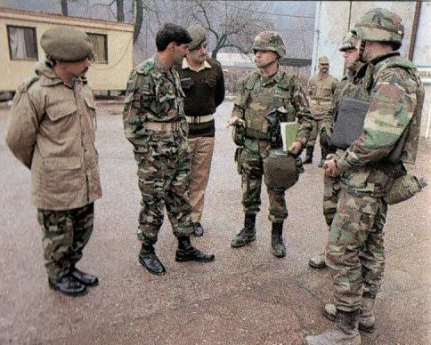 Armstrong speaks with the Pakistani commander of an outgoing UNPROFOR unit.