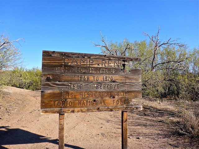 Scottsdale Boy Scout Troop 644 erected this sign in 1987. It is actually located next the ranch, rather than Camp Reno.