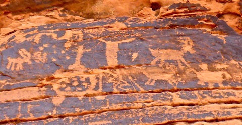 I can identify a big horn, desert tortoise, and snake on this Mouse's Tank Trail petroglyph panel. How about you?