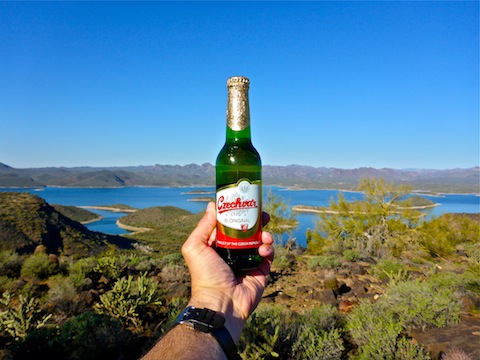 Enjoying a refreshment above Lake Pleasant. Later, I would really wish this had been water.