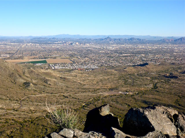 Looking north from the summit of Goat Hill. That's a quarter midget track in the valley, just off Central Ave. Downtown in the distance. Left to right, behind downtown, you can make out Shaw Butte, North Mountain, Piestewa Peak, and the west slope of Camelback.