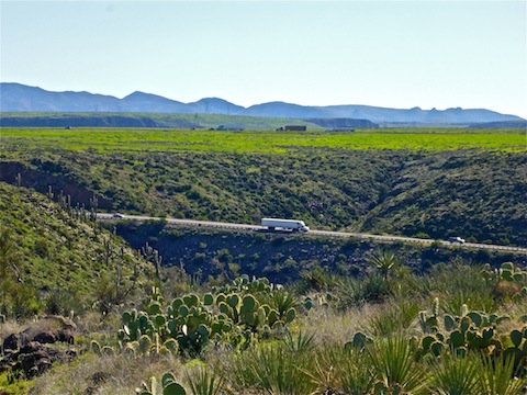 Looking down at I-17 and Black Mesa. I've never seen the desert so green!