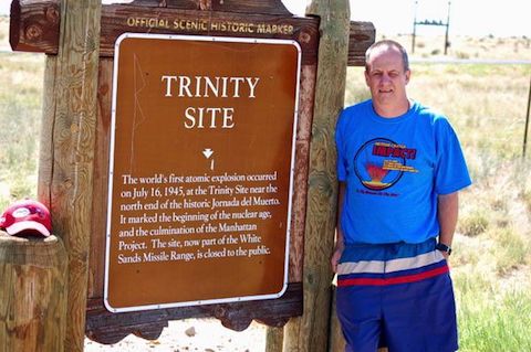 The Trinity Site historical marker on US-380. By sheer coincidence, I was wearing a Meteor Crater t-shirt. (The Meteor Crater impact released 1000 times the energy of the Trinity Test.)