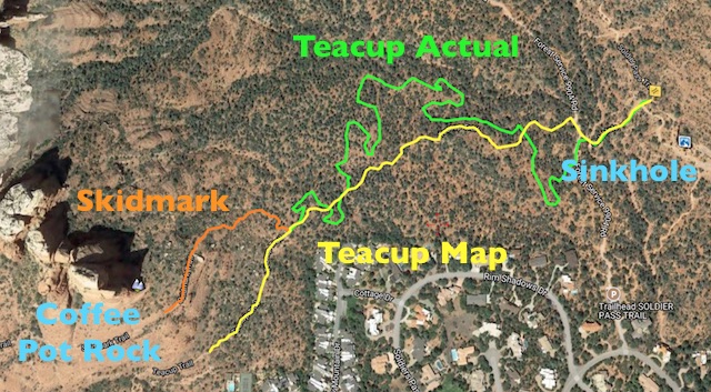 The actual location of Teacup Trail vs. where the map claims it is.