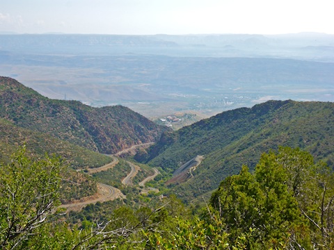 Looking down Hull Canyon at AZ-89A, the Verde Central Shaft, Jerome and the Verde Valley.