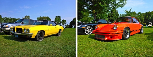The spectator cars are even sweeter than the racing cars: Pontiac GTO and Porsche Carrera. 
