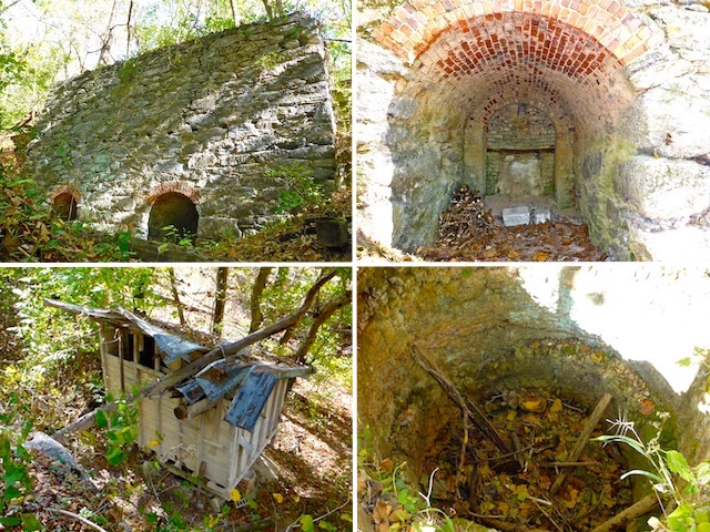 Dargan Bend lime kiln (clockwise from upper left): Oven wall; note the beam holes. Inside a brick-lined oven. Debris-filled chimney. Coal bin.