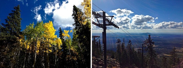 Rich fall color on the way up the Arizona Snowbowl ski lift (left). A stunning view west (right).