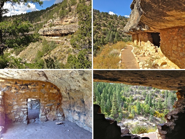 Almost all of Walnut Canyon's dwellings were on the same level, easing travel (upper left). The paved Island Trail is a steep 185 ft. to the more accessible dwellings (upper right). Inside one of the cliff dwellings (lower left). Looking out, at dwellings on the south side of Walnut Canyon (lower right).