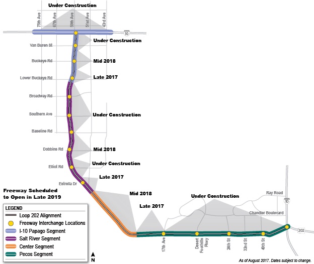 Loop 202 South Mountain Freeway phasing map as of August, 2017.