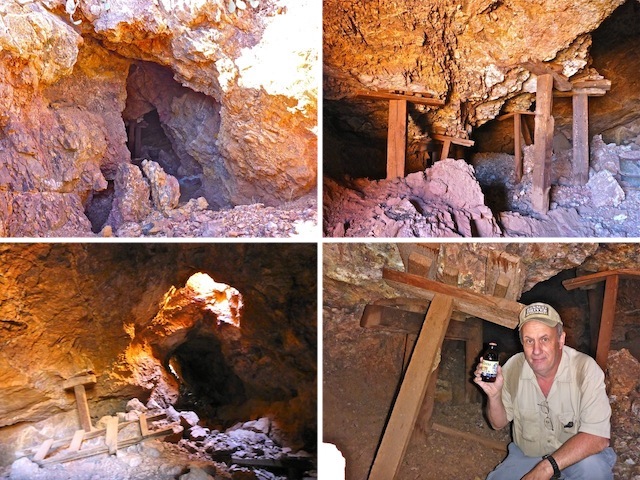 Lead Queen Mine, clockwise from upper left: The adit, many supports, enjoying a beer, and the "skylight".