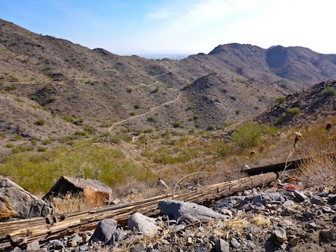 Looking from junction of Turnbuckle Trail and Valley Vista Trail, east towards Skyline Crest Trail. Luke AFB visible across the saddle.