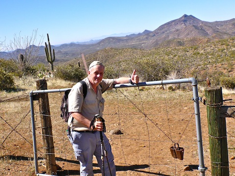The Intrepid Adventurer at the counterweighted gate. Elephant Mountain in back.