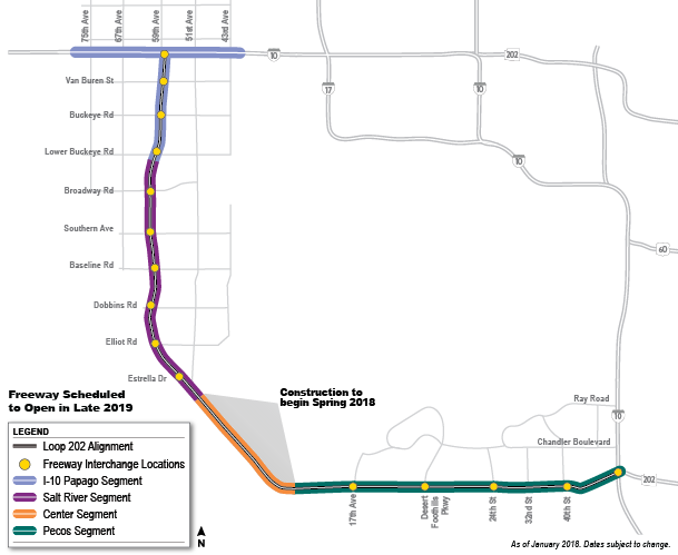 Loop 202 South Mountain Freeway phasing map as of January, 2018.