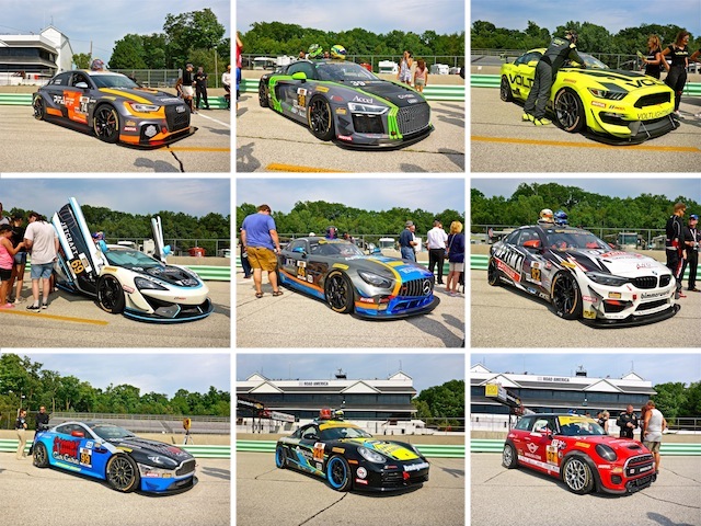 First Row: Audi RS3 LMS TCR, Audi R8 GT4, Ford Mustang GT4. Second Row: McLaren GT4, Mercedes-AMG GT4, BMW M4 GT4. Third Row: Aston Martin Vantage, Porsche Cayman, Mini JCW.