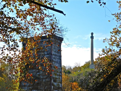 The remains of Old Rumsey Bridge and, in West Virginia, the Rumsey Monument.