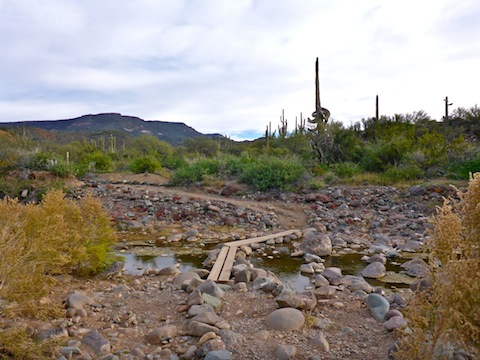 A wood plank 'bridge' across Cave Creek. You could as easily dry hop across the rocks.