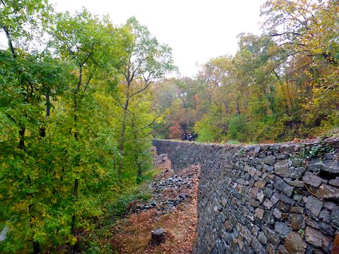 Approaching Widewater, the C&O Canal is 70 ft. above the Potomac River. This wall buttresses the towpath.