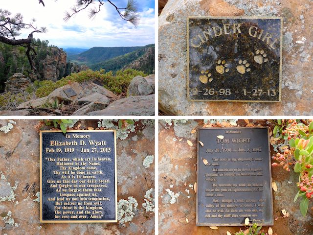 Clockwise from upper left: Gorgeous view past the memorials, down West Webber Creek; Cinder Girl; Tom Wight (1938-1991) with Psalm 23; and Elizabeth D. Wyatt (1919-2013) with "Our Father".