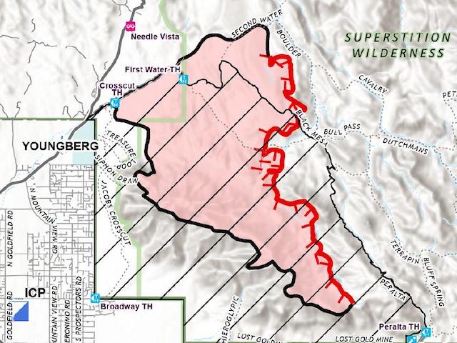 The Superstition Fire was started by lighting on August 20th, a mile west of Peralta Trailhead, on Superstition Ridgeline. It burned north to First Water Ranch, consuming 9,539 acres before being fully contained. (On the 8/30 fire map, black is containment and red is active fire front.)