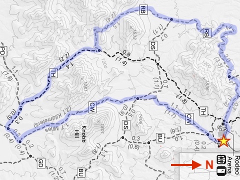 The route I hiked along Coldwater Trail, Gadsden Trail, Toothaker Trail and Rainbow Valley Trail. (Map rotated 90°.)