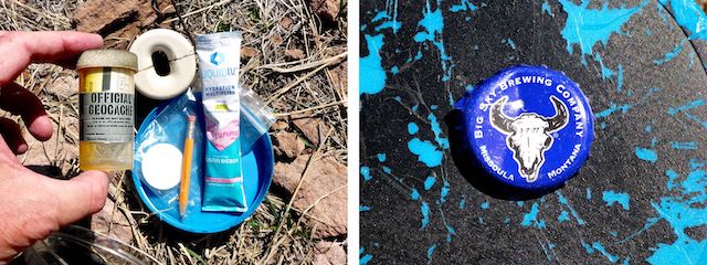 A geocache was on the south side of the Hyde Mountain Lookout. It contained a summit log (of sorts), insulator, poker chip, pencil and Bieber-Ade. My contribution was a beer bottle cap.