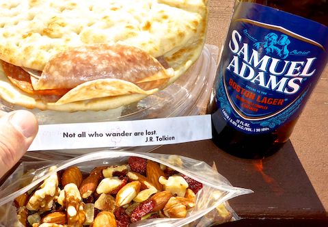 "Not all who wander are lost": Sheetz Italian flatbread (tasty!), mom gorp and hiking beer.