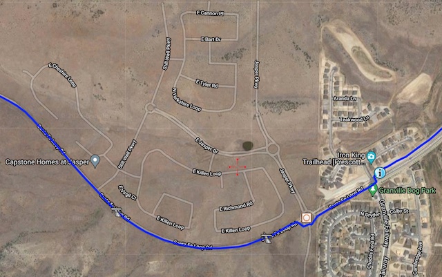 Iron King Trail in blue. The GoogleMaps "ghost roads" are the Capstone Homes at Jasper development, where 100s of homes are in some state of construction (as of July, 2021). Street view was last updated in March, whereas sat view only updates every three years or so. (See GPS Route, below.)