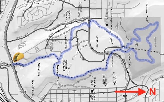 This is most of the FUTS trails on McMillan Mesa. If you rotate the map so north is up, my route looks like a cat. lol