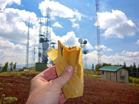 Today's hiking food was a chicken habanero tamale, enjoyed while sheltering from the wind between two buildings.