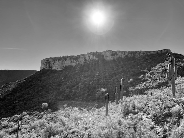 Indian Mesa's north face, from Cow Creek Rd. Back lit by the sun, I thought black & white made for a sharper image.