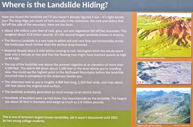 "Where is the landslide hiding?" sign at the junction of Boulder Trail and Marcus Landslide Trail.