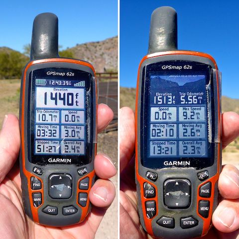 My crappy Garmin 62S after hiking Bulldog Canyon last week, and today. Not only did it pork the display format, it rearranged all the menus. The horror of this occurence cannot be understated for someone who relies on things being in the same place, the same way every time. Swallow my dong, Garmin.