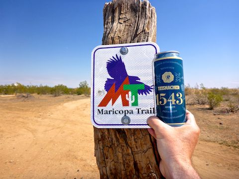 Hiking beer -- biking beer? -- and Maricopa Trail sign.