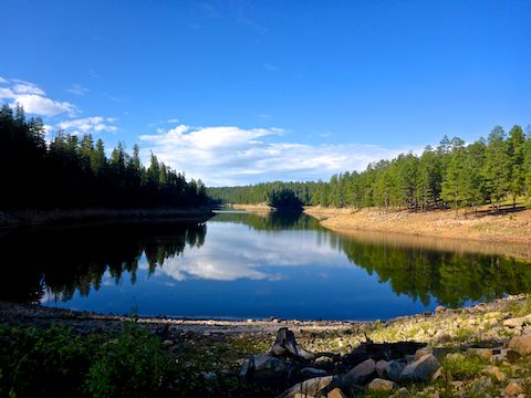 From the dam, looking south along Knoll Lake. I hiked out on the right, back on the left.