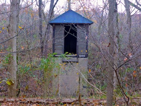 The first cool thing I found looks like a railroad signal station, but it is on the far side of a deep ditch from the Western Maryland Rail Trail (WMRT). It is just across Deneen Rd. from the trailhead, so maybe this actually is Cohill Station?