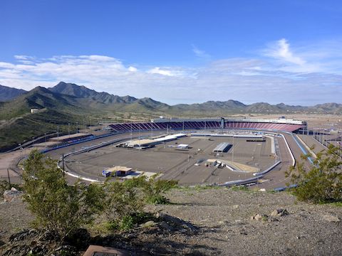 Looking west past Phoenix International Raceway, from the summit of Monument Hill. My intended trailhead is just beyond the left side of the grandstand.