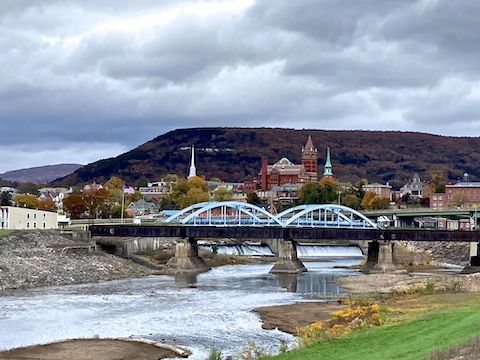 Looking up the Potomac River, past the blue-arched Bridge Street Bridge, to Canal Place in downtown Cumberland. Wills Mountain in back. (I didn't know when I took it, but this is the classic view of Cumberland.)