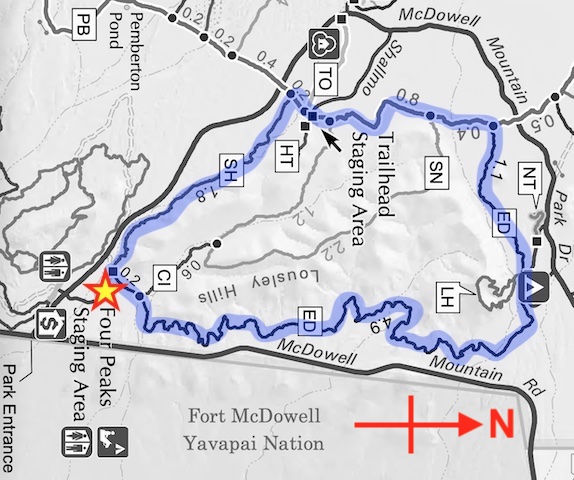 Done either way, from any of the trailheads, the Lousley Hills Loop is 9½ miles, 790 ft. AEG. (Map rotated 90°.)