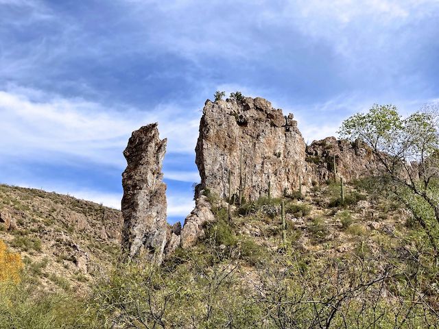 Finger Rock. The best view is from the gate in Telegraph Canyon, 150 yds. south of Arnett Canyon.