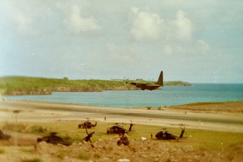 With A/50th Signal Bn. on Grenada in 1983, looking across Point Salines Airport and Hardy Bay, towards True Blue and L'anse Aux Epines.